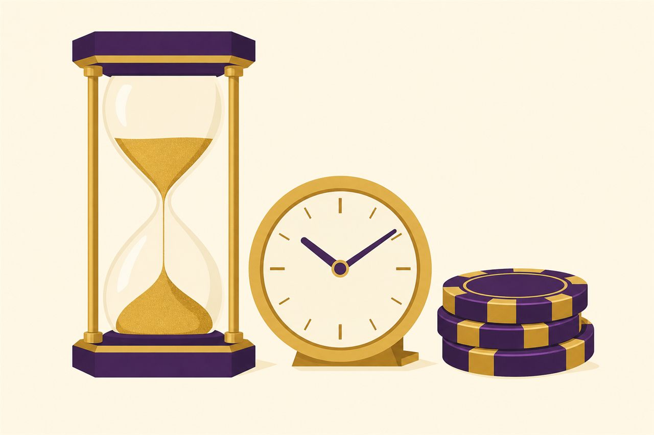 Illustration of an hourglass with gold sand, a small clock and a modest stack of casino chips set aside