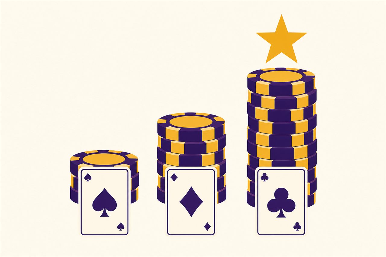 Illustration of casino chips stacked in three ascending columns with playing cards, the tallest topped by a gold star