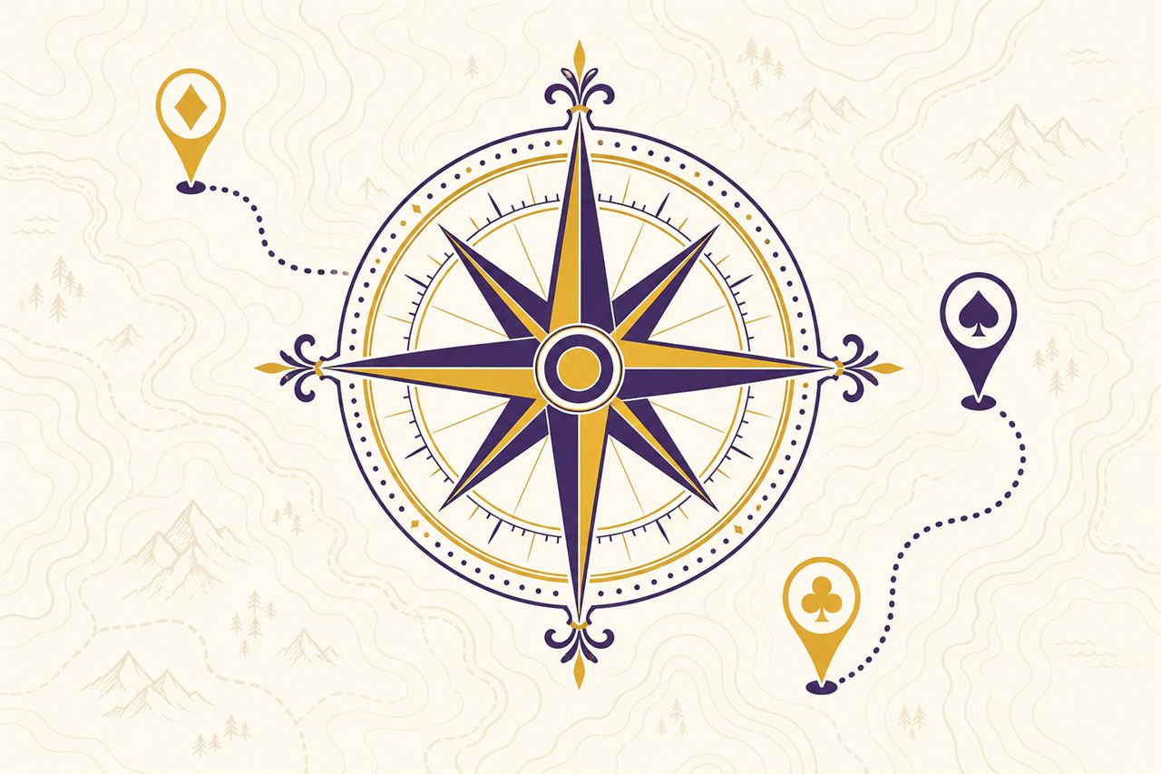 Illustration of an ornate compass rose over faint map contours, with map pins shaped like card suits connected by a dotted route