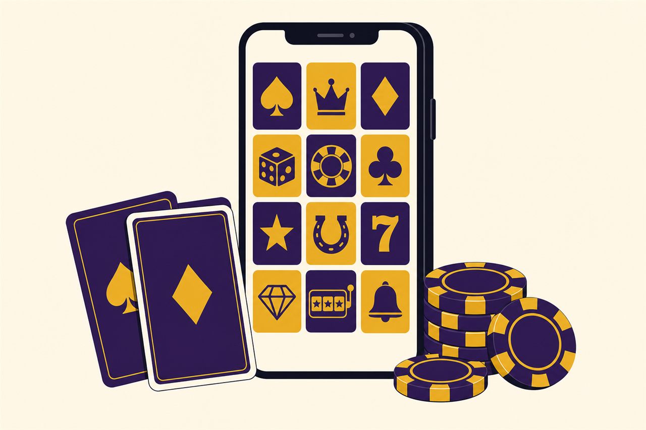 Illustration of a smartphone showing a grid of casino game tiles, with playing cards and chips beside it