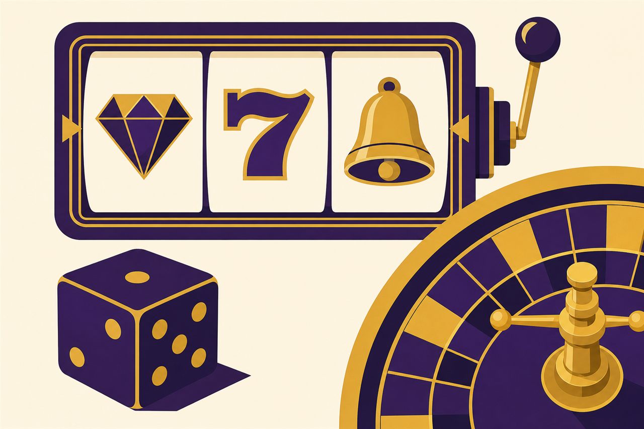 Illustration of a slot reel window showing a diamond, a seven and a bell, beside a large die and part of a roulette wheel