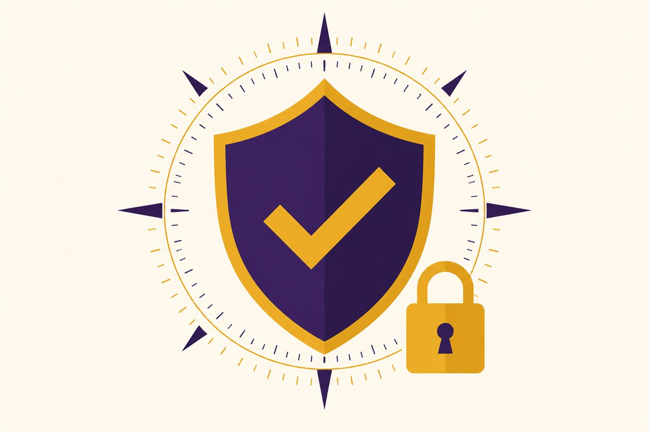 Illustration of a purple shield with a gold check mark inside a compass ring, with a small gold padlock beside it